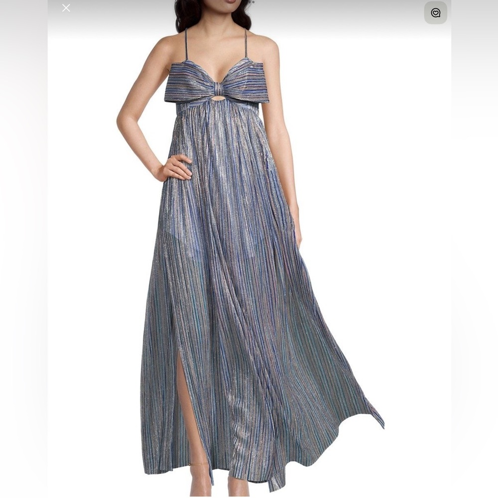 Black Halo Evening gown in blue and silver multi metallic strip. Size M. NWT